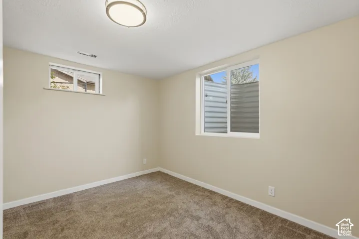Neutral painted walls, low-pile carpeting, and a flush-mount ceiling light fixture