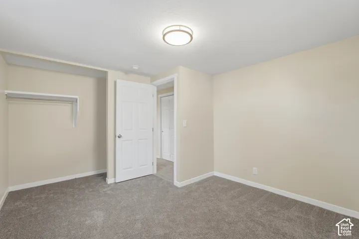 Neutral wall finish, ceiling-mounted light fixture, gray carpeting, and a built-in closet with shelving