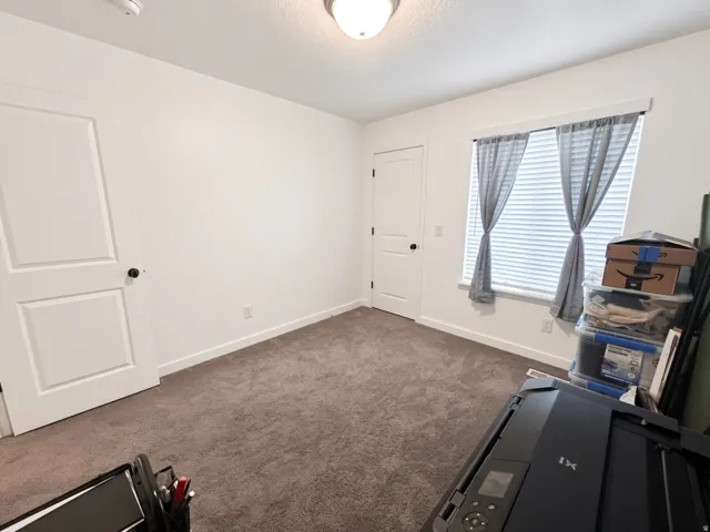 Neutral wall color with carpeting, a ceiling-mounted light fixture, and white trim