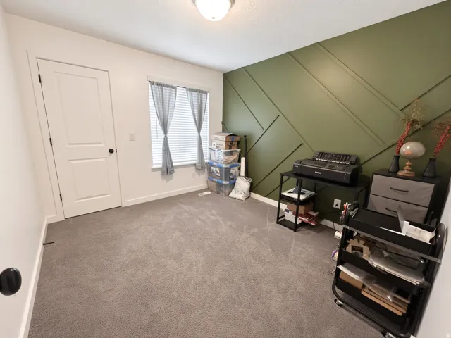 Plush grey carpeting, white interior door with black hardware, window with blinds, and an accent wall featuring green geometric paneling