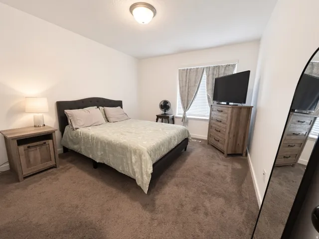 Neutral wall color, carpet flooring, a window with window treatments, and a ceiling-mounted light fixture