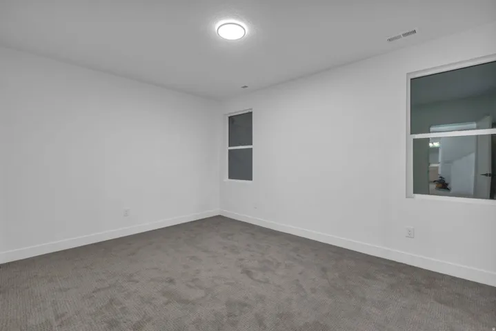 Wall-to-wall carpeting, white walls, and multiple windows