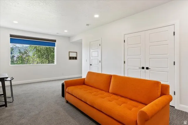 Recessed lighting, window with exterior scenery, paneled double doors with matte black hardware, paneled door, and carpeting