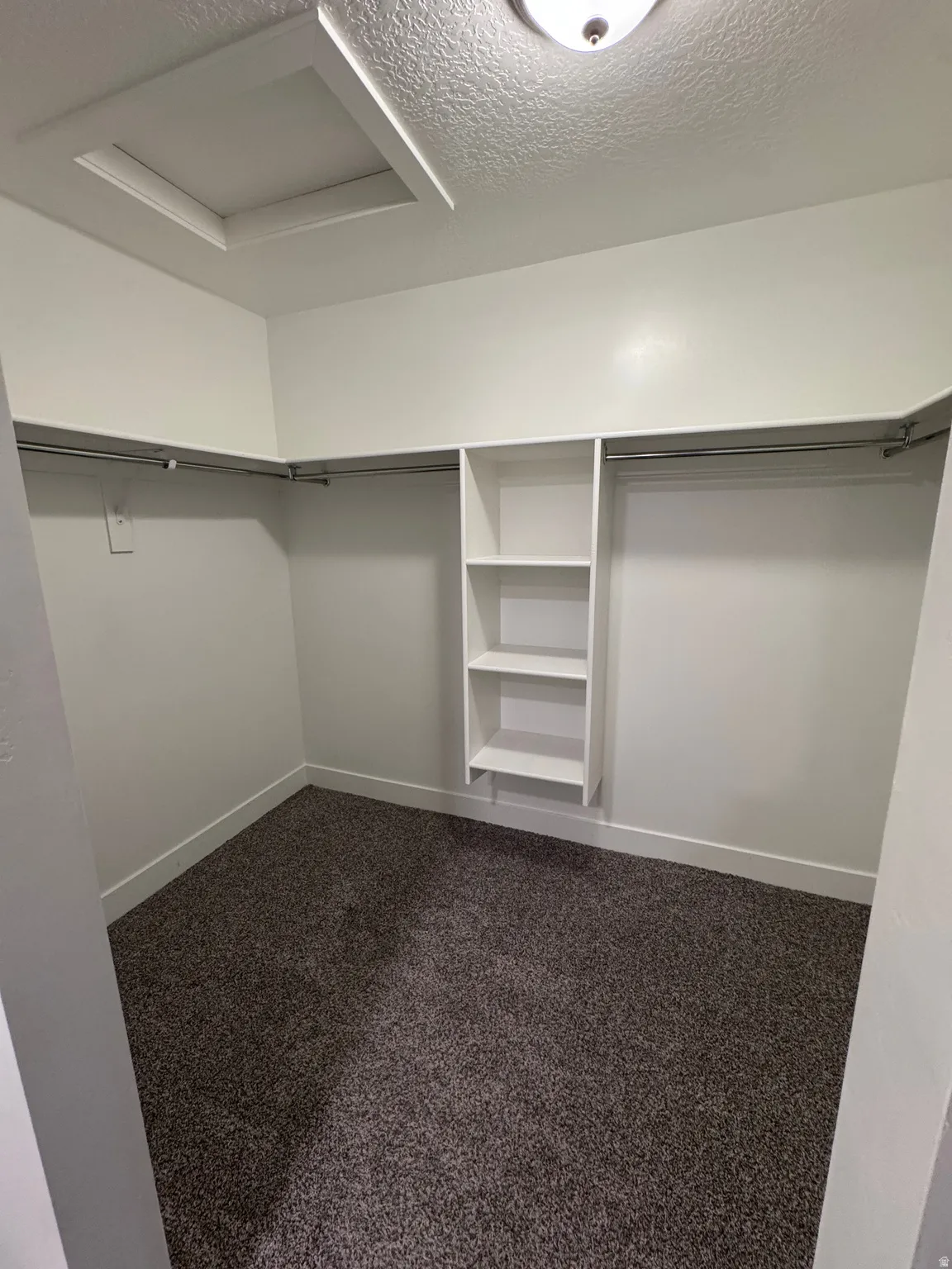 Walk-in closet featuring built-in shelving, chrome hanging rods, and dark carpeting