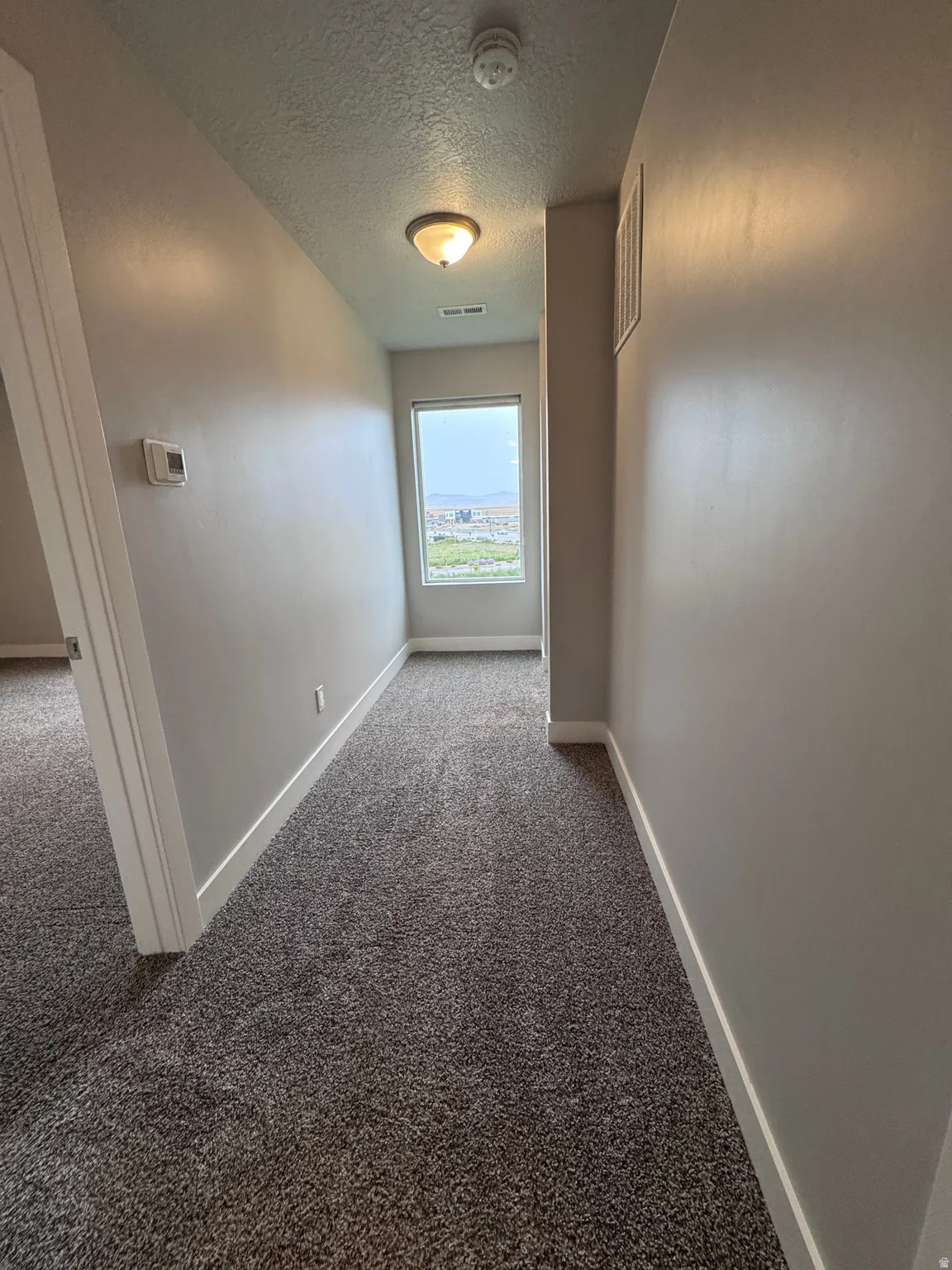 Hallway featuring neutral wall tones, plush gray carpeting, white trim, and a prominent window
