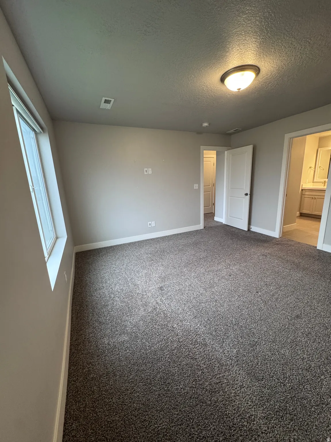 Wall-to-wall carpeting, neutral wall finishes, flush mount ceiling light fixture, and a large window