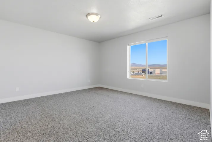 Neutral wall paint, gray carpeting, a single window, and a flush mount ceiling light fixture