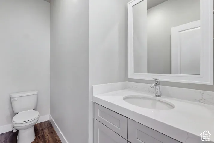 White framed mirror, chrome faucet, white sink, light gray vanity, and wood-finish flooring