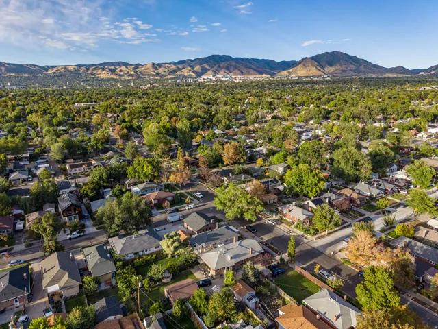 Residential neighborhood with established tree cover and distant mountain backdrop