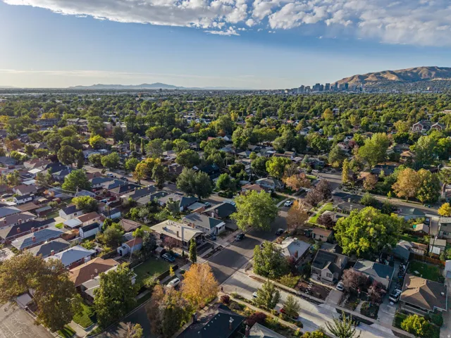 Aerial perspective featuring a residential area with mature trees