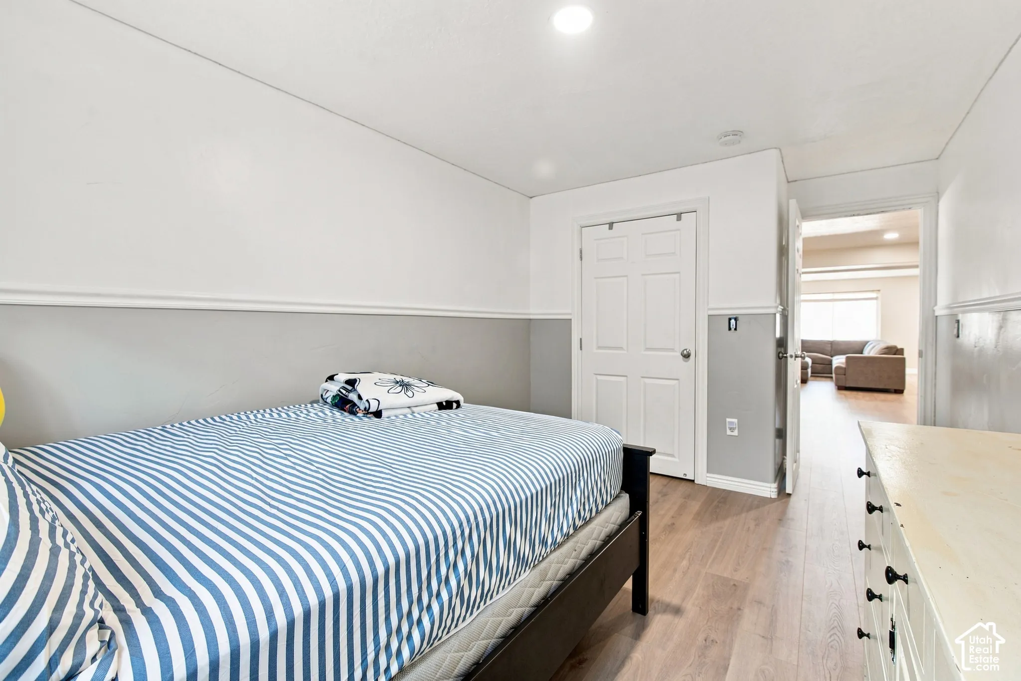 Recessed ceiling lighting, two-tone wall treatment, wood-finish flooring, and white paneled doors