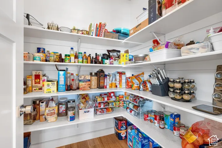 Walk-in pantry featuring white shelving, shiplap-style wall paneling, and wood-finish flooring
