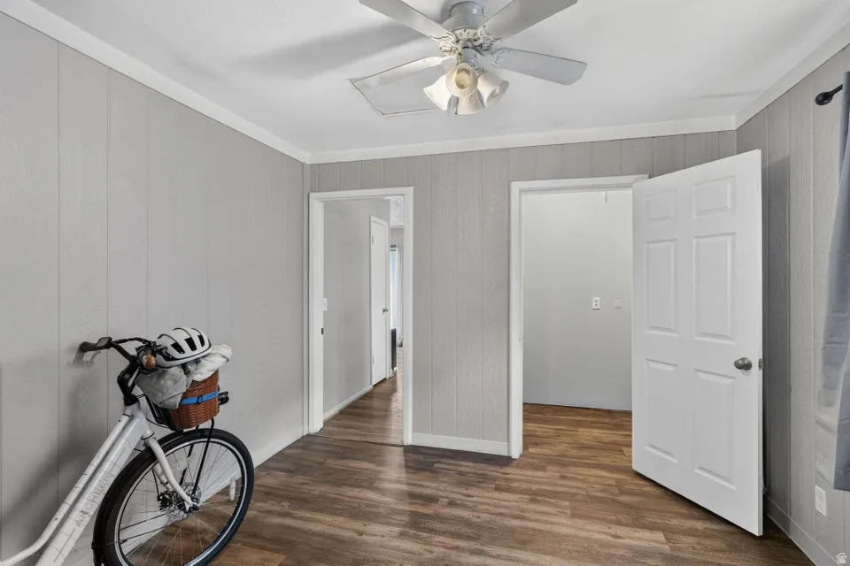 Wood-finish flooring, paneled wall finish, white trim, ceiling fan light fixture, and a paneled interior door