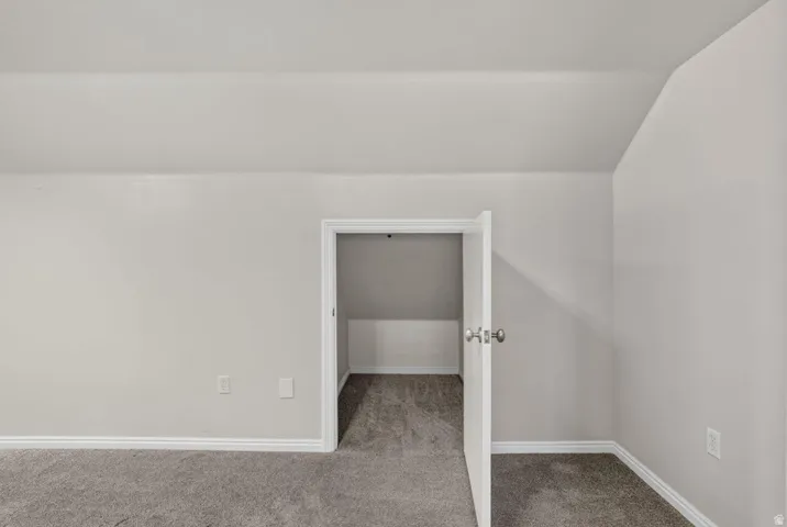 Neutral wall paint, sloped ceiling, hinged door, carpet flooring, base molding