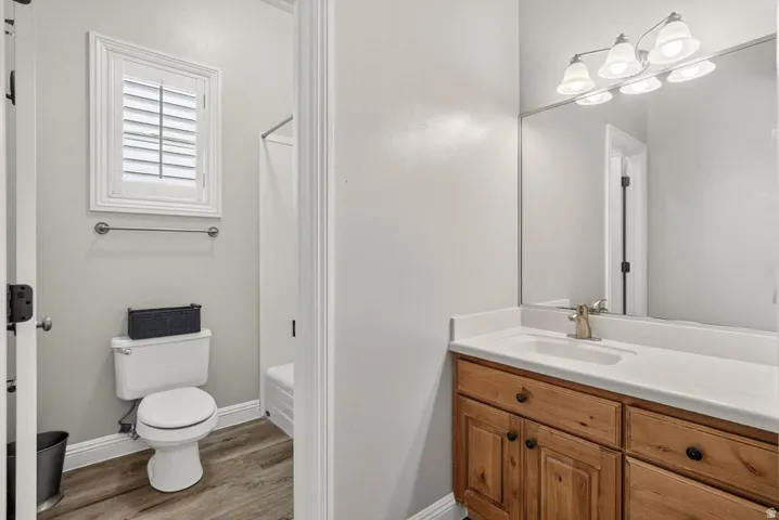 Wood-finish flooring, vanity with wood cabinetry, integrated sink, and large wall-mounted mirror