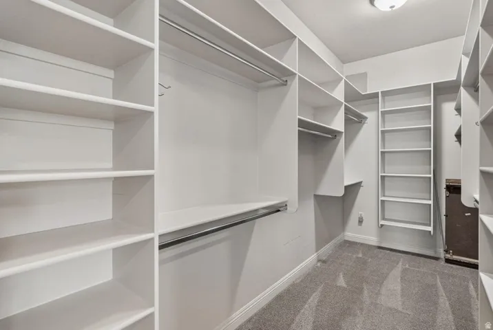 Integrated custom shelving system, multiple hanging rods, built-in vertical shelving, plush carpet flooring, and overhead lighting