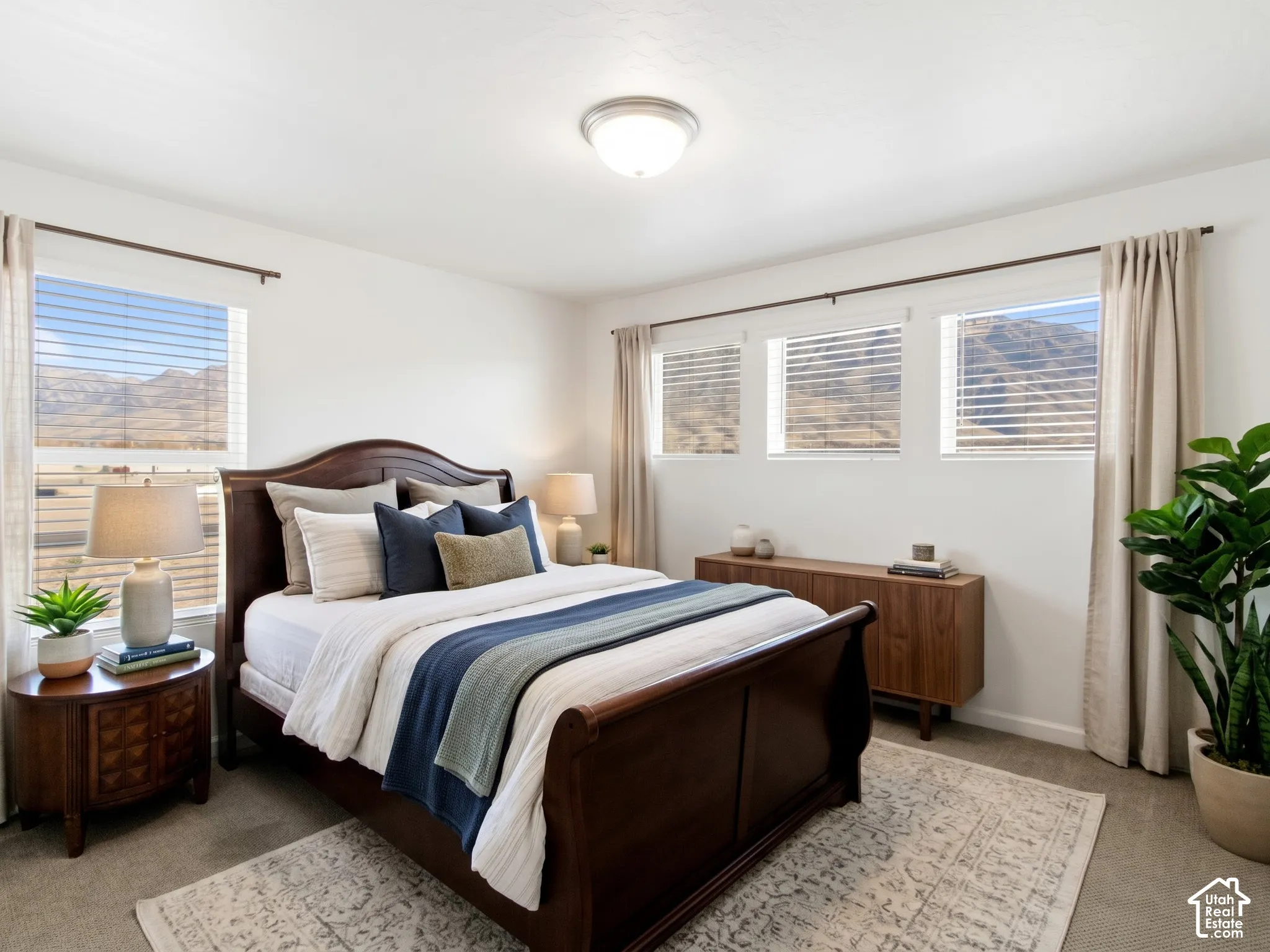 Neutral-toned carpeted flooring, multi-pane windows with mountain scenery, and a central dome-style ceiling light fixture