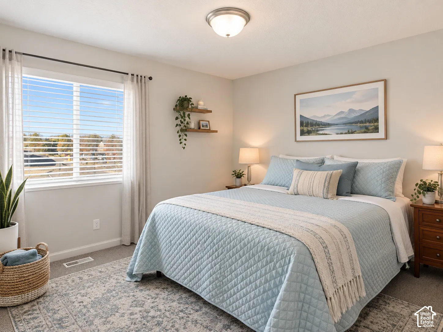 Neutral-toned walls, expansive window with horizontal blinds, and flush-mount ceiling light fixture