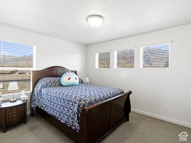 Neutral wall color, wall-to-wall carpeting, multiple windows with horizontal blinds, and a flush mount ceiling fixture