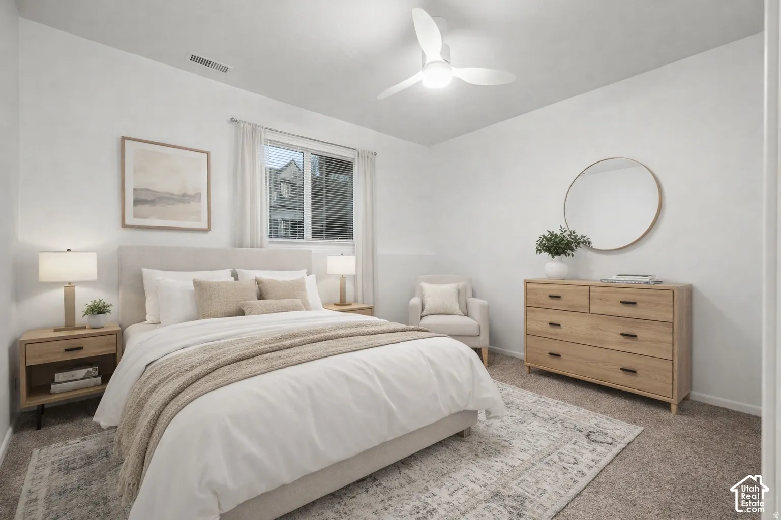 Wall-to-wall carpeting, window with blinds, ceiling fan with integrated lighting, and neutral wall tones