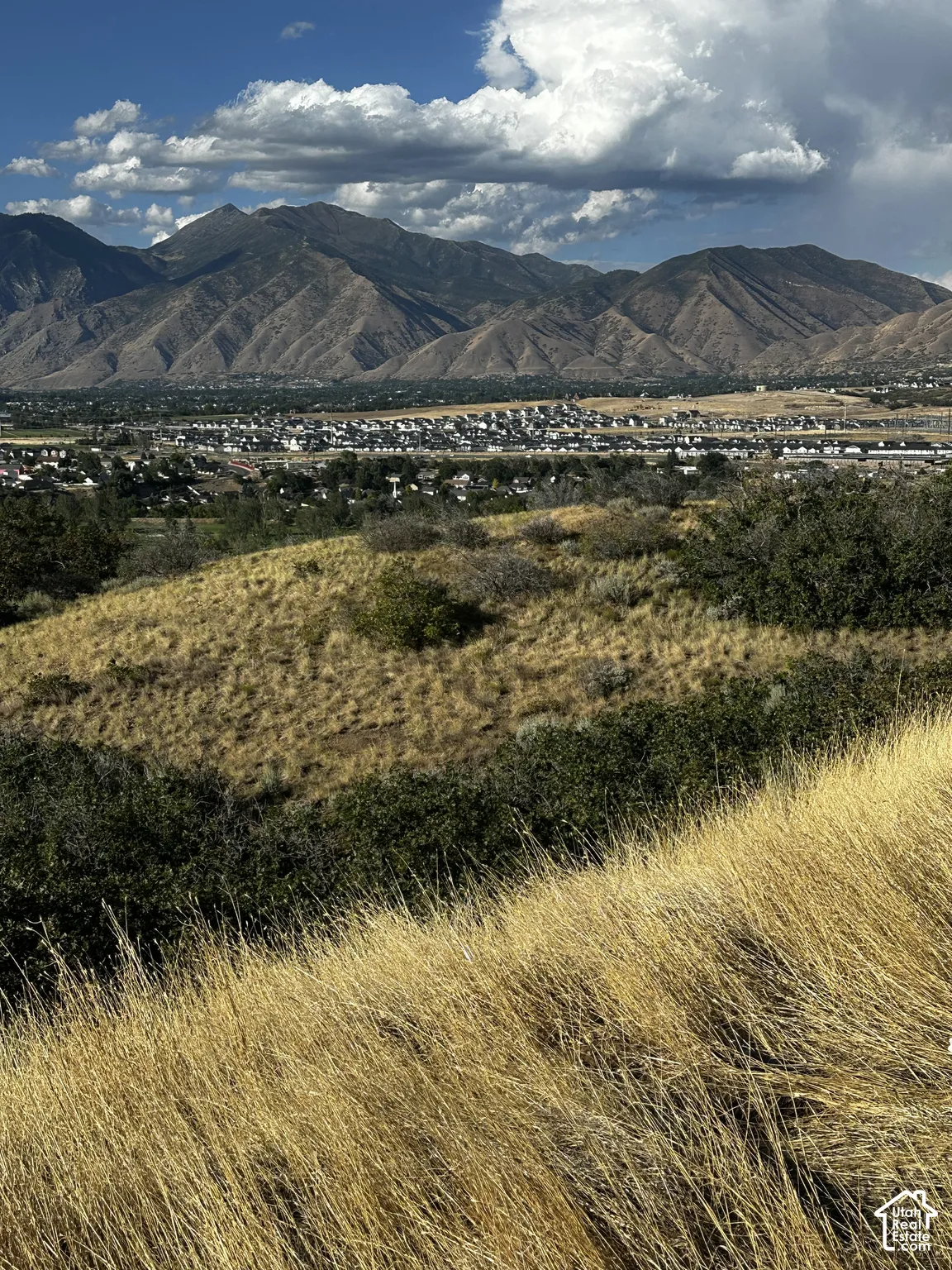 Expansive mountainous terrain with scattered greenery and a distant community