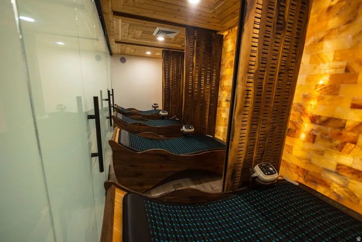 Wood-paneled ceiling with recessed lighting