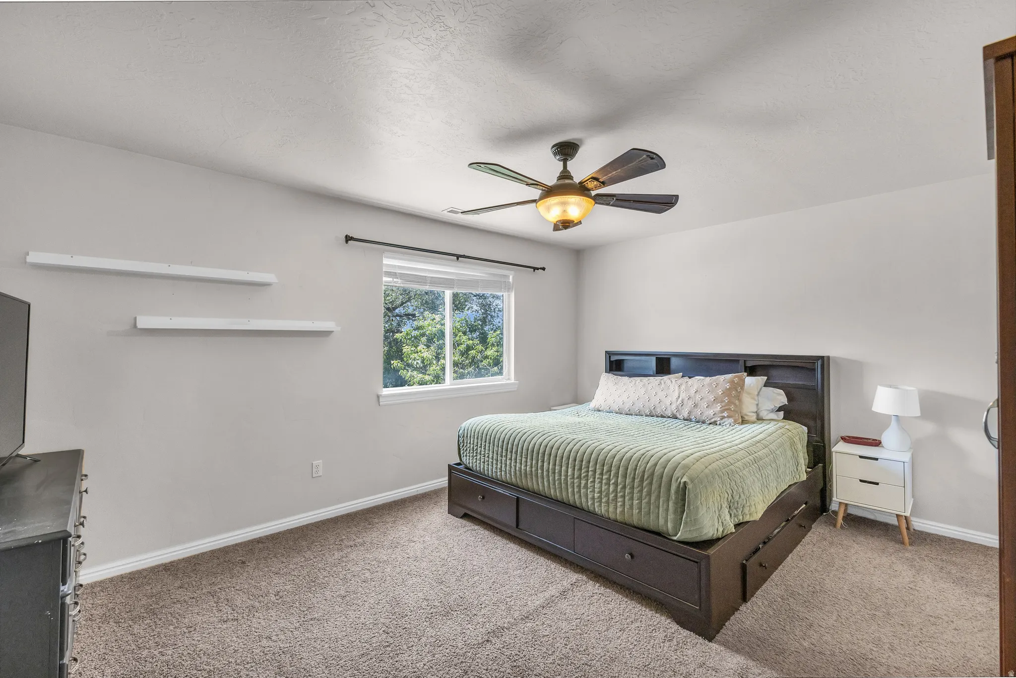 Window with exterior foliage, ceiling fan with integrated lighting, and carpeted flooring