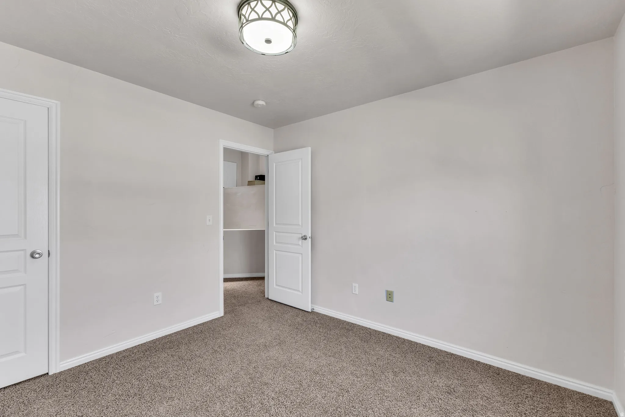 Neutral wall color, carpet flooring, decorative flush mount lighting, and white panel doors