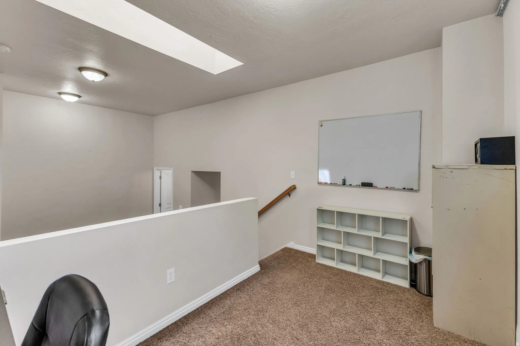 Skylight, two flush-mount ceiling lights, light brown carpet, and a white wall with wood handrail