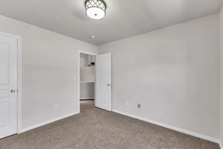 Neutral wall color, carpet flooring, decorative flush mount lighting, and white panel doors