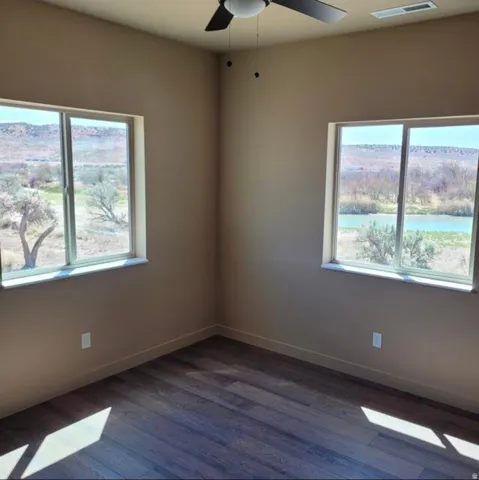 Room featuring wood-finish flooring, two large windows, a ceiling fan, and painted walls