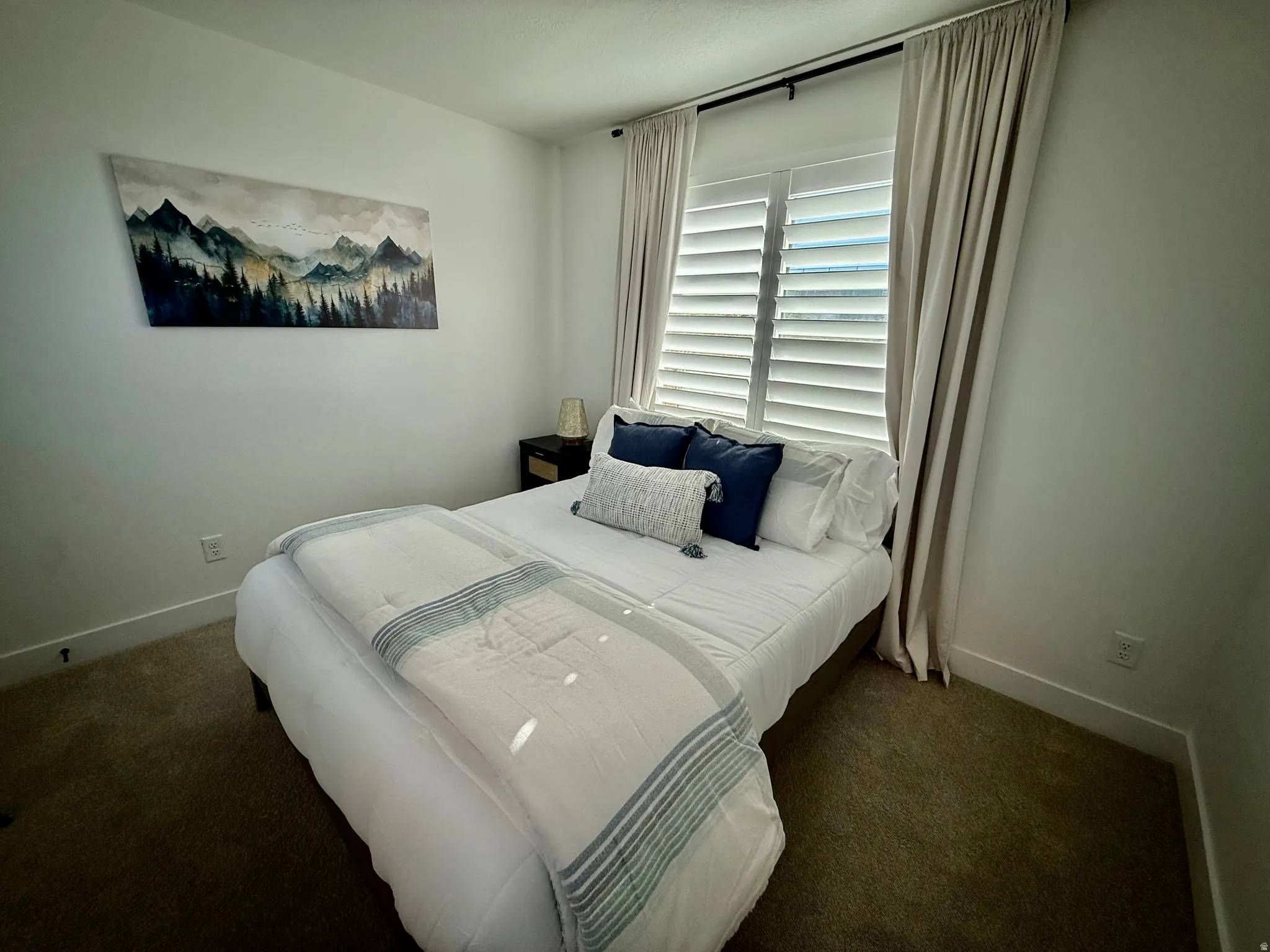 White plantation shutters, blackout curtains on a black rod, and neutral tone carpeting