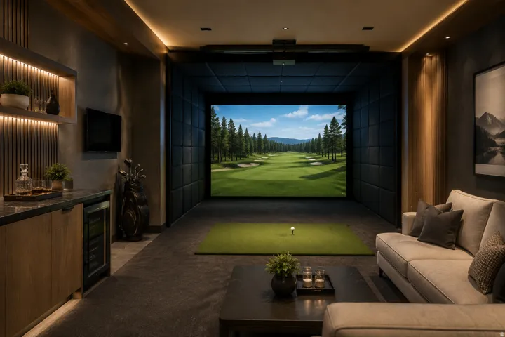Integrated golf simulator with a large projection screen