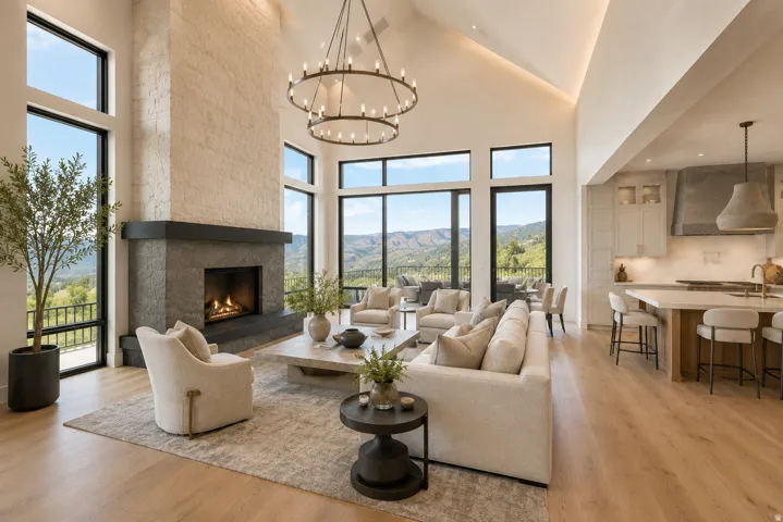 Vaulted ceiling with an impressive chandelier, floor-to-ceiling windows, stone-clad fireplace with a dark mantel, wood-finish flooring, and an open-concept kitchen with a large island