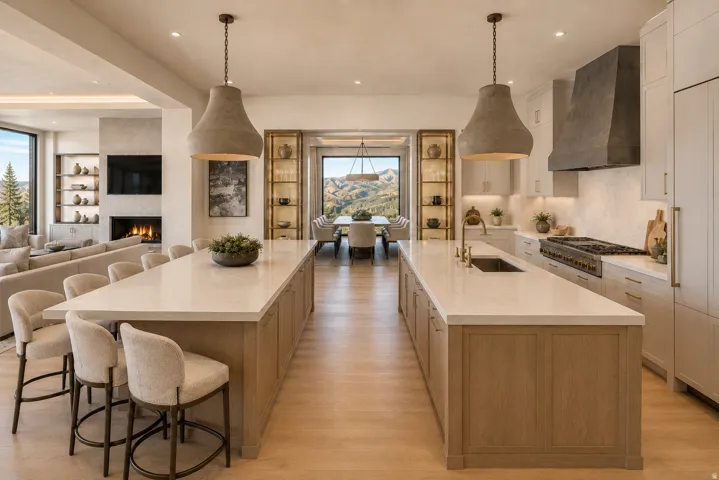 Open-concept kitchen with dual islands and light wood-finish flooring