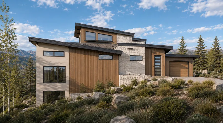 Contemporary exterior featuring a multi-level design, wood paneling, stone accents, black-framed windows, and an attached garage