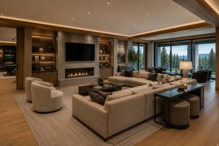 Spacious living area featuring expansive floor-to-ceiling windows, a linear fireplace, wood-finish flooring, and integrated ceiling lighting