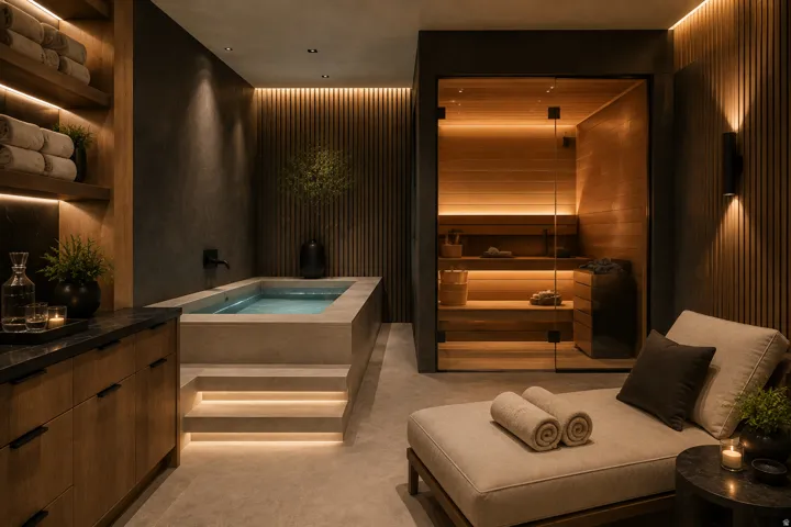 Built-in soaking tub with integrated steps, wood-paneled sauna with glass door, wood-finish cabinetry with dark countertop, and recessed lighting