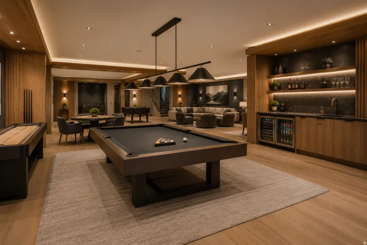 Expansive entertainment space featuring wood-finish flooring, a built-in wet bar with integrated beverage coolers, and recessed lighting