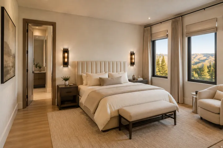 Wood-finish flooring, recessed lighting, and wall-mounted sconces
