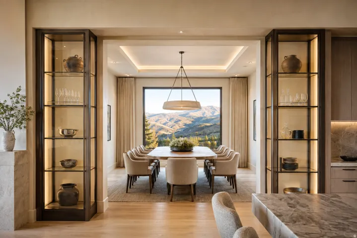 Expansive dining space featuring a large picture window, tray ceiling with recessed lighting, and wood-finish flooring