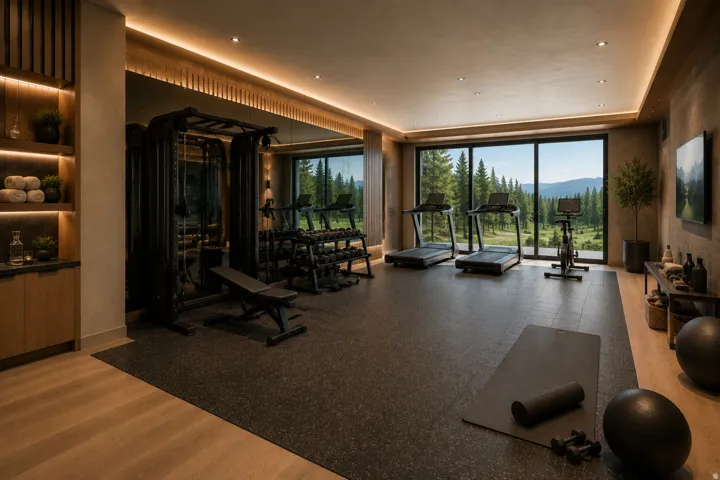 Dedicated fitness space featuring rubber flooring, wood-finish flooring, built-in shelving, and recessed lighting