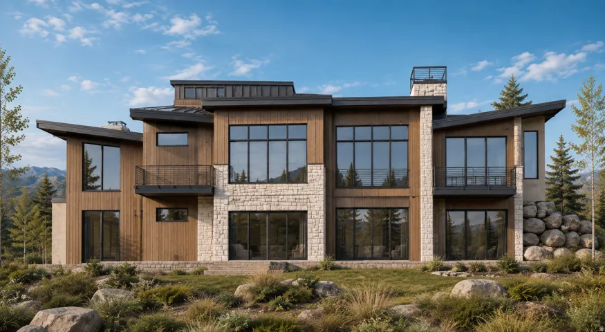 Modern architectural facade featuring extensive glass windows, wood-paneled siding, natural stone accents, and a low-pitched roofline