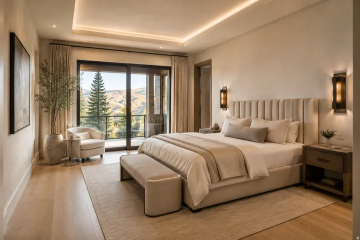 Light wood-finish flooring with a neutral area rug, full-height sliding glass doors, recessed ceiling lighting, and wall-mounted sconces
