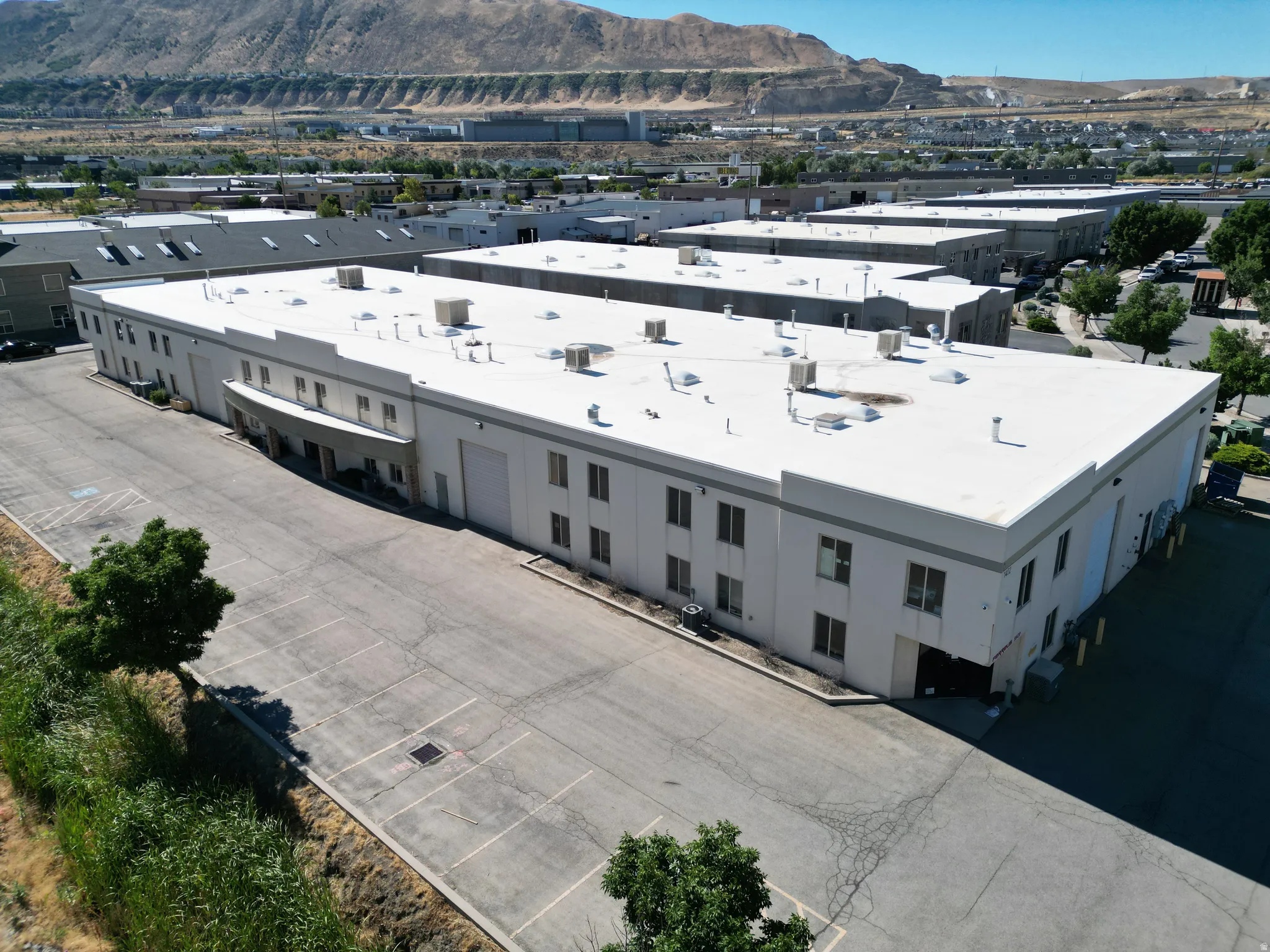 Large commercial building featuring multiple windows, several loading bay doors, a paved parking area, and a flat roofline