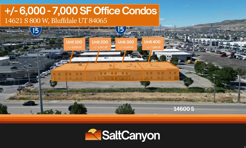 Real Estate Marketing Graphic. Illustrating office condo units and their approximate square footage at the specified address
