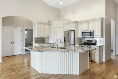 Kitchen featuring a multi-level island with integrated sink, stainless steel appliances, light-toned cabinetry, and wood-finish flooring