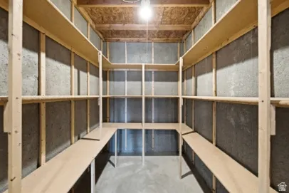 Built-in wood shelving for ample storage