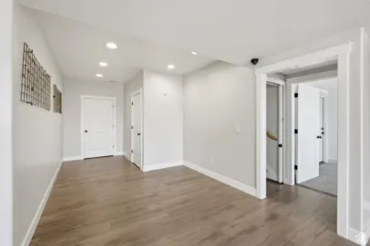 Recessed lighting and wood-finish flooring