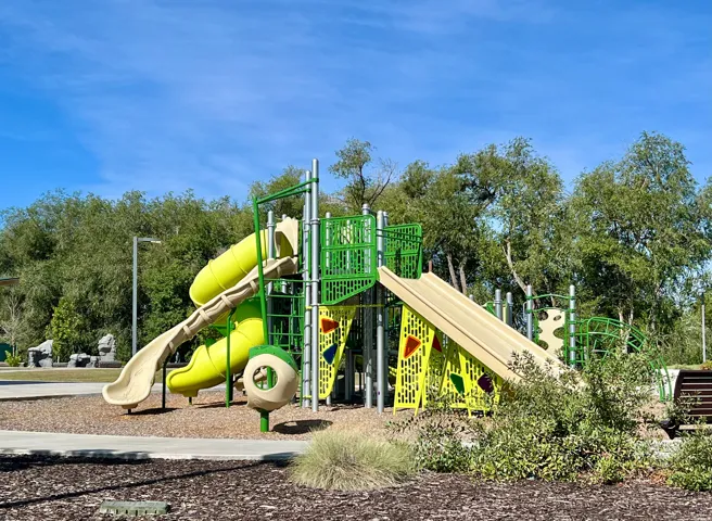Community playground featuring multiple slides and climbing structures